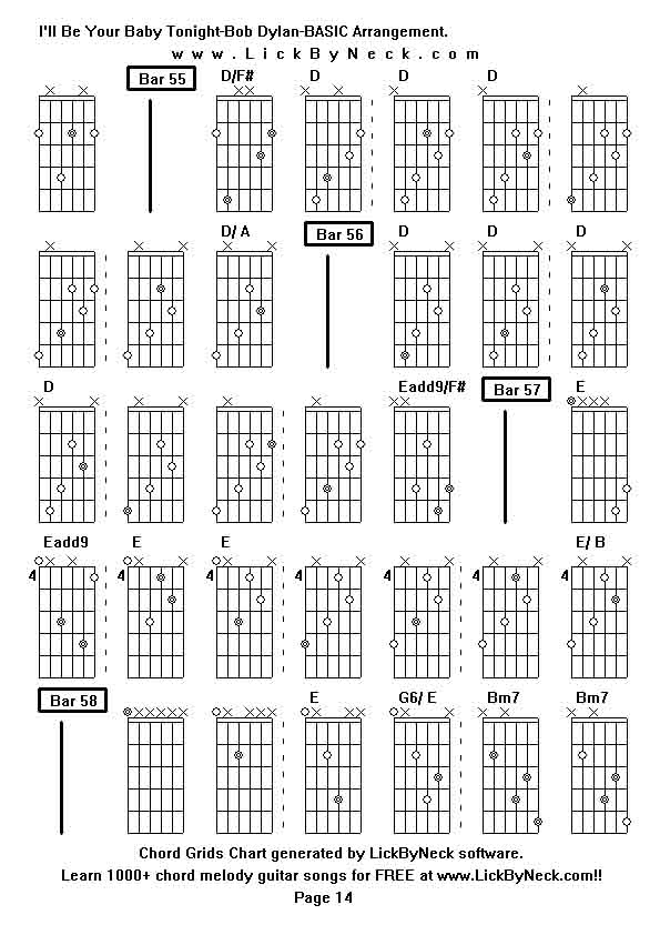 Chord Grids Chart of chord melody fingerstyle guitar song-I'll Be Your Baby Tonight-Bob Dylan-BASIC Arrangement,generated by LickByNeck software.